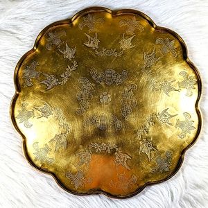 Chinese Brass Serving Tray Engraved Birds Scalloped Edge Vintage
